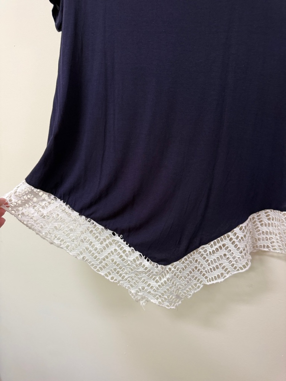 Women’s Navy Blue Short Sleeve Top with White Lace Hem - Picture 5 of 5
